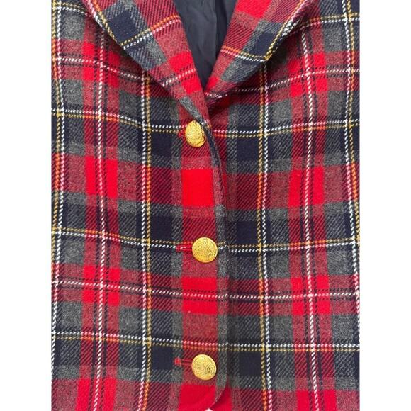 1990s Vintage KGR Red & Black Plaid Wool Blazer Retro Gold Buttons Small Medium - Picture 3 of 6